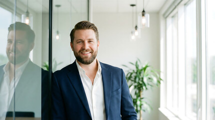 Fototapeta premium a portrait of a smiling man in a navy suit leaning against a glass window with reflections high quality professional detailed