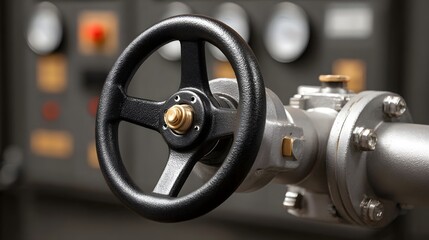 Close up of a black handwheel on a silver industrial valve with blurred gauges and control panels in the background