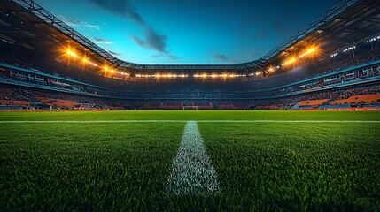 Empty Soccer Stadium with Bright Lights and Green Field at Dusk football stadium sports arena