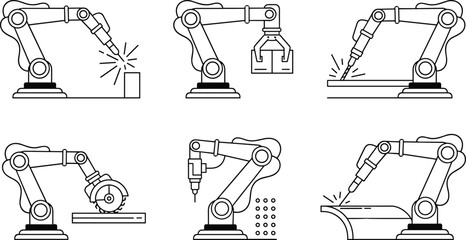 Industrial robotic arm set, manufacturing automation icons, factory robot operations, welding cutting drilling gripping polishing processes, smart industry technology,