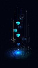 Glowing data layers floating above digital portal, neon blue and teal cubes with vertical lines conveying tech depth