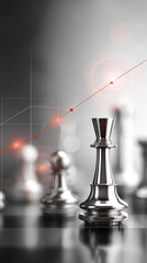 Silver chess king on reflective board with rising data trend and glowing points conveying strategic growth