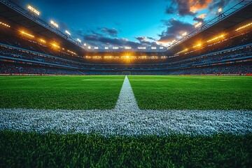 Empty soccer stadium with bright lights and green grass field at dusk football stadium