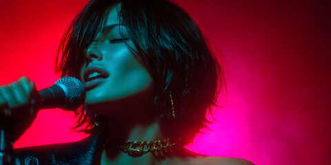 Happy young performer singing into a microphone under colorful stage lights, capturing the joy and energy of live music and nightlife.
