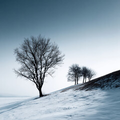 Bare winter tree solitary leafless tree snowy hillside group of trees cold landscape serene morning