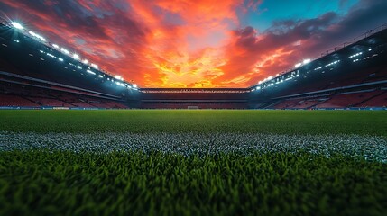 Empty Soccer Stadium with Dramatic Orange Sunset Sky and Bright Lights football stadium