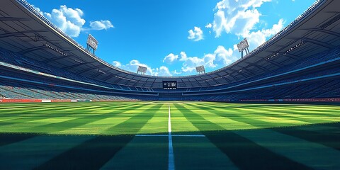 Empty soccer stadium with green field and blue sky with clouds football