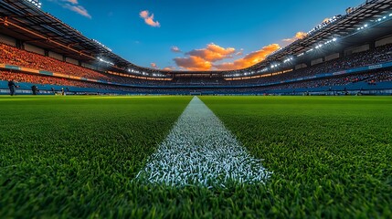 Empty soccer stadium with green field and bright lights at sunset football stadium empty stadium