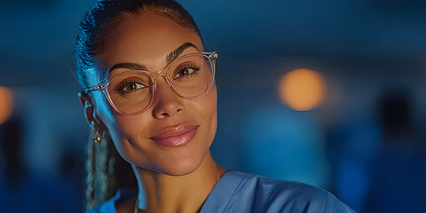 Confident young woman in medical scrubs and glasses, standing in a futuristic blue-lit hallway, symbolizing healthcare, professionalism, and modern medicine.

