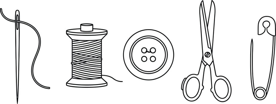 Outline illustration set of 5 sewing tools needle thread spool button scissors and safety pin