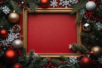 Festive Christmas frame with red baubles pine cones and evergreen branches image