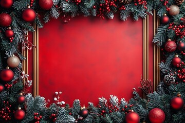 Festive Christmas frame with red ornaments and pine branches on red background border