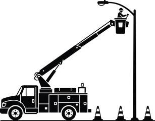 Utility worker repairing street light using bucket truck, urban maintenance service, electrical repair operation, safety cones, city infrastructure, professional technician, 