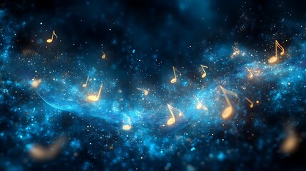Glowing golden musical notes float in a swirling blue nebula with sparkling lights melody