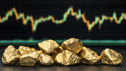 Golden nuggets symbolize wealth against a fluctuating graph. A reflection of financial dynamics and investment, with the raw value against market shifts.
