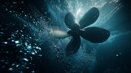 The ship's propeller rotates underwater, the water appears wavy due to the strong thrust of the propeller.