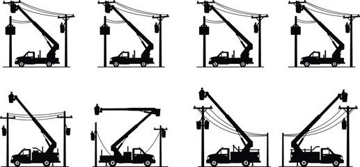 utility, bucket, truck, power, line, maintenance, electric, worker, silhouette, collection, crane, lift, service, repair, electricity, infrastructure, industry, safety, equipment,