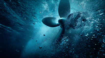 The ship's propeller rotates underwater, the water appears wavy due to the strong thrust of the propeller.