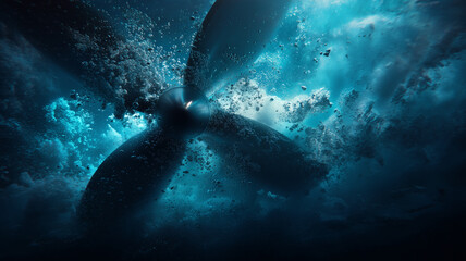 The ship's propeller rotates underwater, the water appears wavy due to the strong thrust of the propeller.