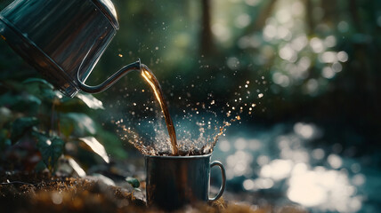 Slow motion of black coffee being poured from a metal pot into a metal cup.