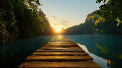 Serene Sunset Over Tranquil Lake With Wooden Pier and Reflection