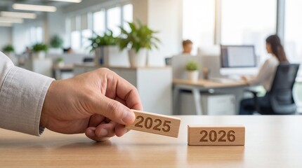 Business hand removes 2025 block, signaling the transition to the new 2026 year. Corporate planning, calendar change, and future financial goals in a modern office.