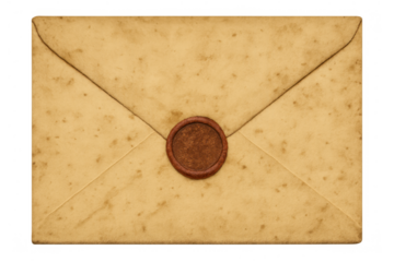 Vintage aged paper envelope with an antique wax seal, symbolizing communication, history, and secret messages on transparent background
