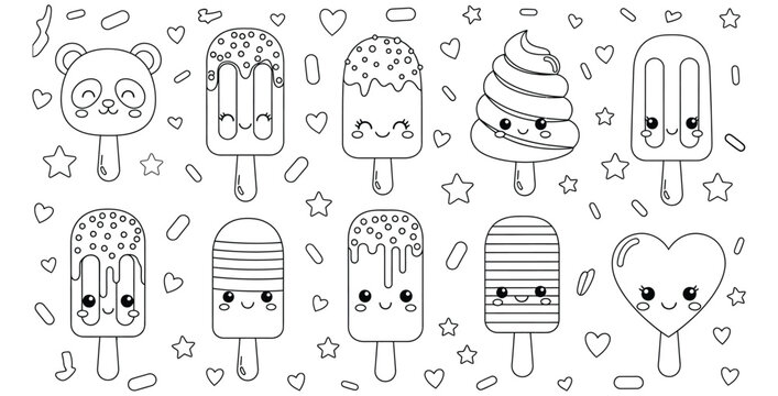 Adorable black and white coloring page featuring a seamless pattern of cute kawaii ice cream and panda pops