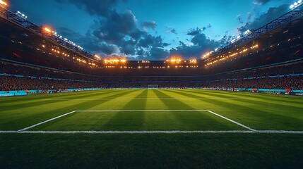 Illuminated Football Stadium at Dusk with Packed Stands and Green Field soccer field