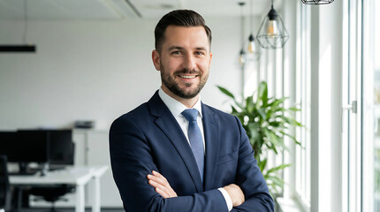 a professional businessman with a beard is posing with his arms crossed in a modern office setting high quality detailed elegant