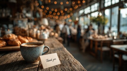 Cozy cafe counter with cappuccino cup and thank you card surrounded by bokeh lights perfect for gratitude, hospitality and warm service brand visuals

