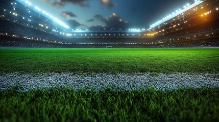 Illuminated soccer stadium at night with green grass and white line football stadium