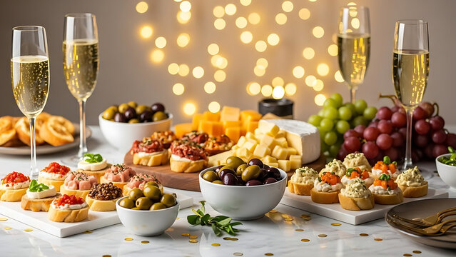 A festive party spread featuring champagne, various cheeses, olives, grapes, and an assortment of gourmet appetizers on a table with bokeh lights.