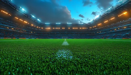 Lush green football stadium field with bright lights and spectators at dusk soccer field