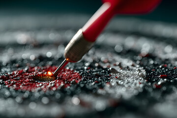 Close-up of a red dart hitting the bullseye on a dartboard, symbolizing focus, precision, and business success with dramatic lighting and shallow depth of field.
