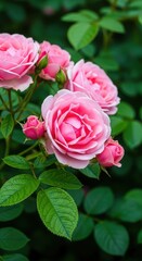 Cluster of Pink Roses Against Dark Green Foliage. Soft Pink Roses in Various Bloom Stages. Natural Arrangement of Delicate Pink Roses.