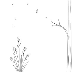 Simple Nature Background With Tree Trunk And Wildflowers Black And White Line Art Sketch For Coloring Page
