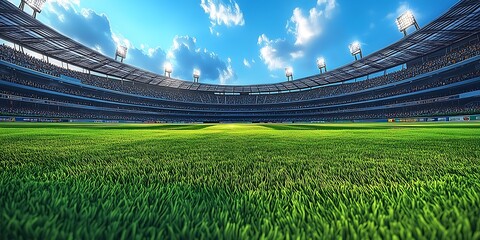 Lush green stadium field with tiered seating and bright sky sports grass