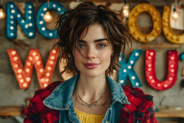 Portrait of a smiling young woman in front of colorful neon signs, radiating warmth, confidence, and vibrant urban energy at night.
