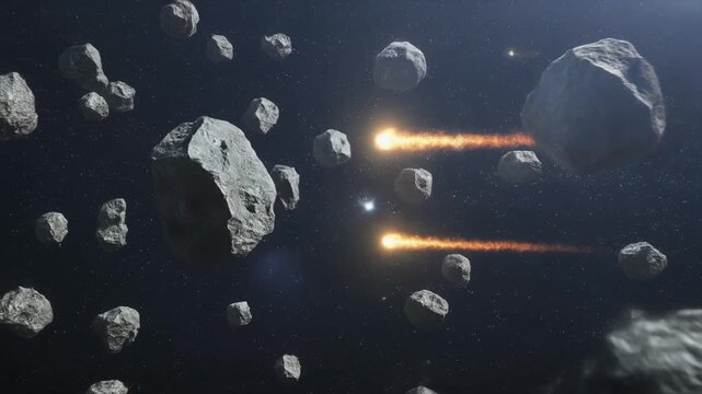Giant Meteors and Asteroid Belt in Deep Space　宇宙を突き抜ける巨大な隕石と小惑星帯　フルHD　動画