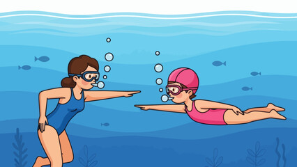 Two women swimming underwater one teaching the other to swim with fish and bubbles in the background.