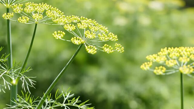 Close-up of delicate yellow umbels on feathery green dill plants in a sunlit garden.
