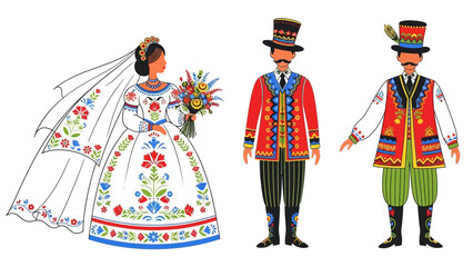 Obraz premium Traditional Polish Folk Art Wedding Couple Vector Illustration. Bride and Groom in Colorful Ethnic Costumes with Floral Patterns