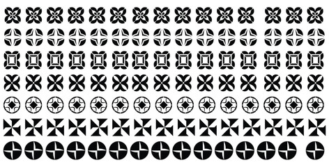 Collection of repetitive black and white geometric decorative symbols and abstract pattern elements