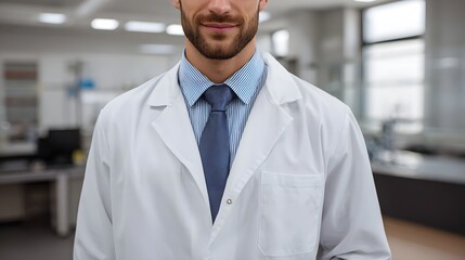 A confident smiling male scientist in a white lab coat in a modern laboratory