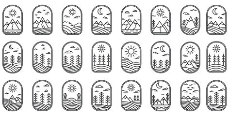 Collection of twenty-four minimalist line art nature badges featuring mountains forests and day night scenes