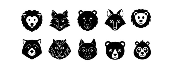 Obraz premium Minimalist Animal Face Icon Set – Black Wildlife Logo Symbols Vector