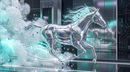 Dynamic 2026 New Year concept: Holographic chrome horse running through cyber cityscape, speed lines, smoke, and digital energy.