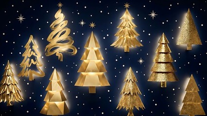 Illuminated Golden Christmas Trees on Dark Blue Background