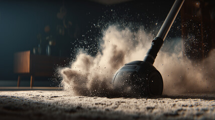 The vacuum cleaner is in action, strong suction power sucks up the dust.